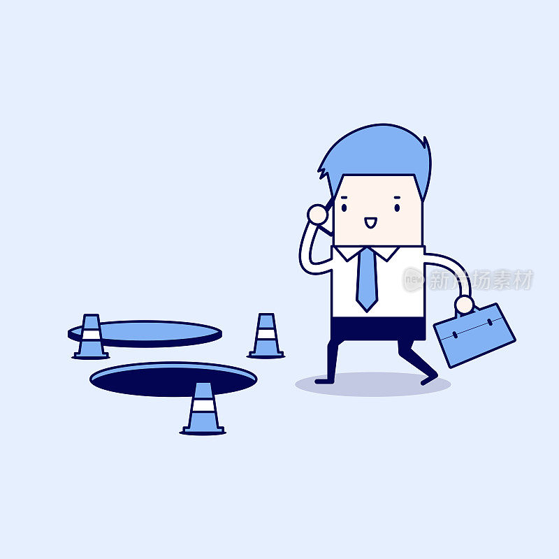 Businessman is talking on the phone without being careful of the hole on the ground. Cartoon character thin line style vector.